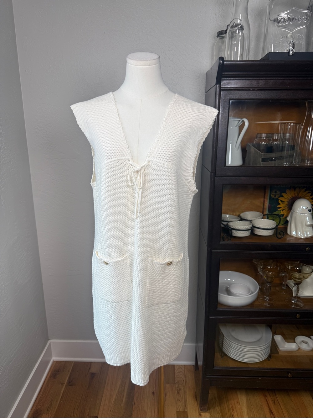 J.Crew Pointelle Lace-Up Sweater Dress Cover Up 100% Cotton Ivory Size L